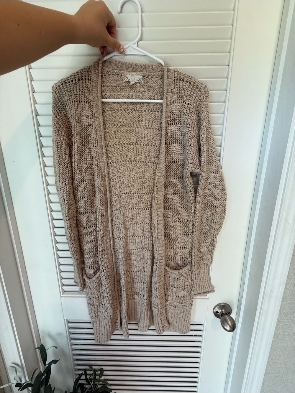 Pink Rose Beige Open-Front Knit Cardigan